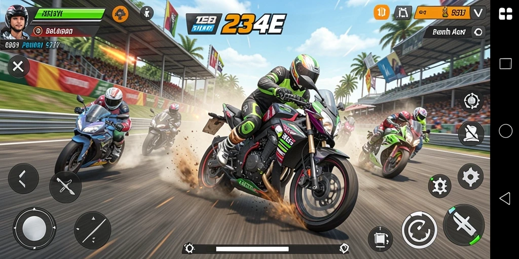 Screenshot gameplay 234E yang menunjukkan balapan motor yang mendebarkan.