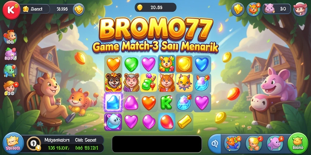 Tangkapan layar gameplay BROMO77 dengan pertempuran Match-3 yang seru.
