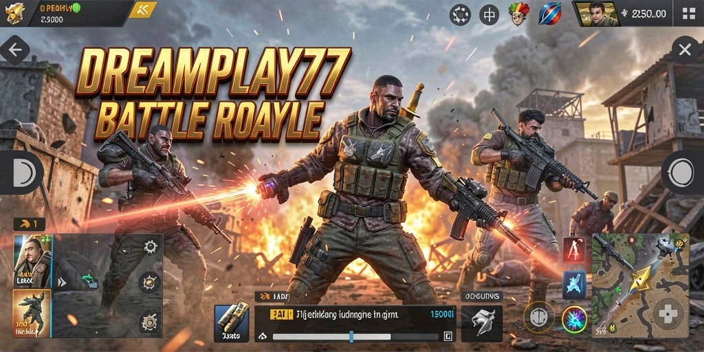 Gameplay seru dalam DREAMPLAY77 saat bertarung di arena Battle Royale.