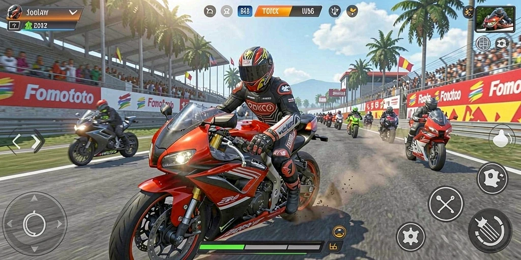 Screenshot FOMOTOTO menampilkan aksi balapan motor yang seru.