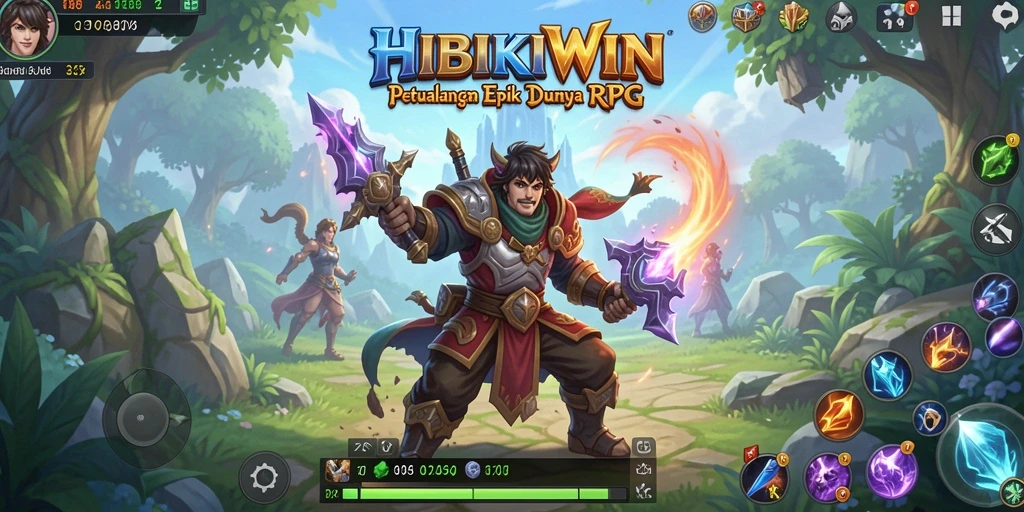 Tangkapan layar HIBIKIWIN menampilkan aksi seru dalam pertarungan RPG.
