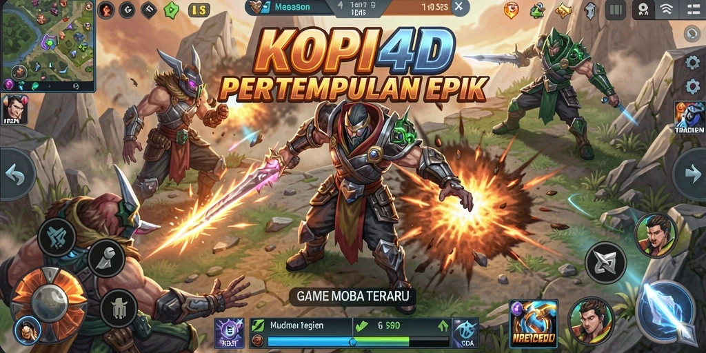 Tangkapan layar gameplay KOPI4D dengan aksi pertempuran MOBA yang seru.