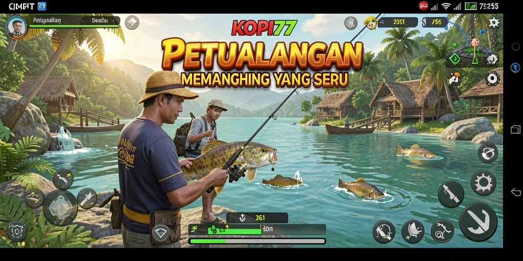 Screenshot menunjukkan aksi memancing yang seru dan penuh warna.
