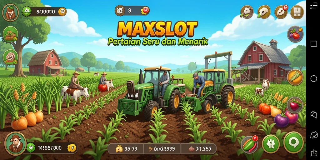Tampilan gameplay <strong>MAXSLOT</strong> dengan aktivitas bertani yang seru.