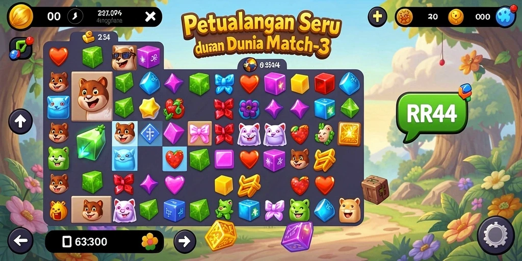 Menampilkan gameplay seru di RR44 dengan berbagai kombinasi Match-3.