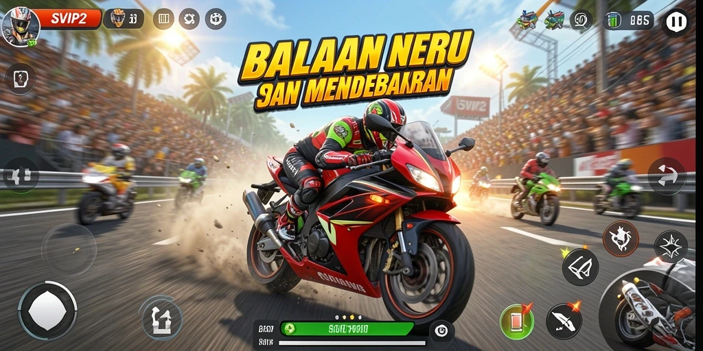 Gameplay seru SVIP2 dengan balapan motor mendebarkan.