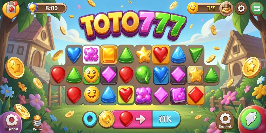 Screenshot gameplay TOTO777 menunjukkan suasana permainan Match-3 yang seru.